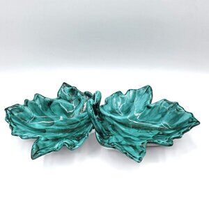 Vintage KBNY Imported From Italy MCM Turquoise Leaves Tray Dish Signed Numbered
